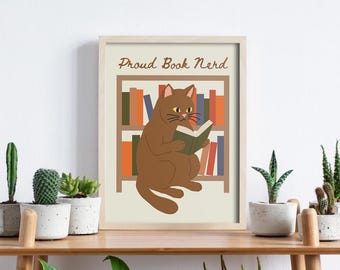 Reading Cat Art Print: Book Lover Gift, Bookworm Home Decor (Digital Download)