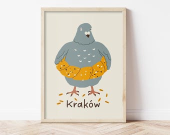 Krakow Poster, Pigeon Wall Art, Polish Souvenir Print, Poland Travel Decor, Instant Download