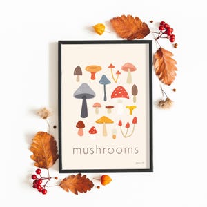 Póster de hongos, arte de hongos, decoración de otoño, impresión de otoño, arte natural, arte del bosque, decoración forestal, hongos de otoño, arte de cocina, arte de recolección de alimentos