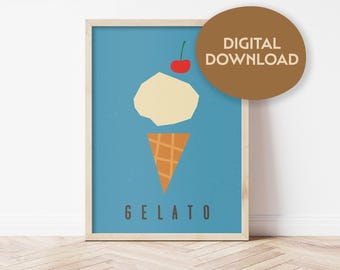 Italian Gelato Wall Art Print, Vintage Ice Cream Poster, Kitchen Decor, Printable Food Art