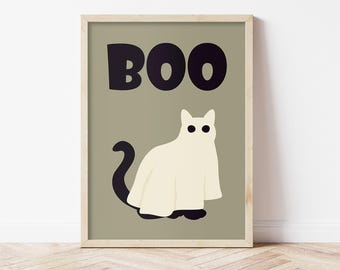Funny Cat Ghost Halloween Print, Spooky Wall Art (Digital Download)