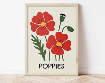 Poppies Wall Art, Retro Botanical Poster, Printable Wildflower Summer Print, Polish Nature Decor