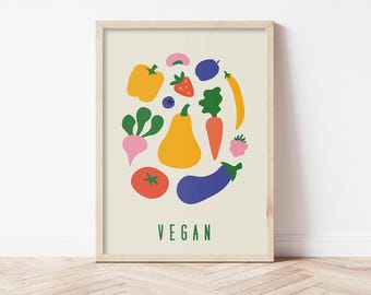 Vegan Kitchen Print: Colorful Fruit & Vegetable Illustration (Digital Download)