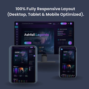 May include: A digital interface display showing the Ashfall Legends game across a desktop monitor, tablet, and smartphone. The dark-themed UI features neon purple and blue accents, navigation icons, mission trackers, and game cards.
