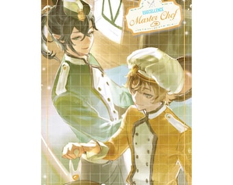 May include: Two anime characters, one in a green and white uniform and the other in a yellow and white uniform, are cooking together. The character in the green uniform is holding a pan with food in it. The character in the yellow uniform is holding a spatula. The text "Eggcellence Master Chef" is visible in the background.