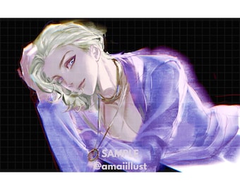 May include: Digital illustration of a person with pale skin, blonde hair, and purple eyes, wearing a purple jacket and necklace. The image has a glitch effect and the text "SAMPLE @amaiillust" is visible.