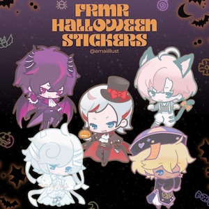 May include: A collection of Halloween-themed stickers featuring cartoon characters dressed in costumes. The stickers include characters with devil horns, cat ears, and vampire attire. The text "FRMR HALLOWEEN STICKERS" is displayed at the top.