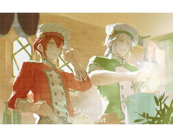 May include: Two people wearing chef hats and uniforms are cooking in a kitchen. One person is wearing a red uniform and the other is wearing a green uniform. The person in the red uniform is holding a spoon and the person in the green uniform is stirring a pot.