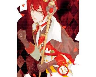 May include: A digital illustration of a person with red hair wearing a red and white costume with a gold staff. The person is holding the staff with their right hand and has their left hand clenched in a fist. The background is a red and black checkered pattern with hearts and spades.