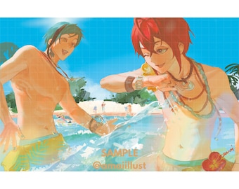 May include: Two men in swimming trunks are splashing in the water at the beach. One man has red hair and is wearing a beaded necklace. The other man has green hair and is wearing a necklace with a pendant. The text "SAMPLE @amaiiillust" is at the bottom of the image.