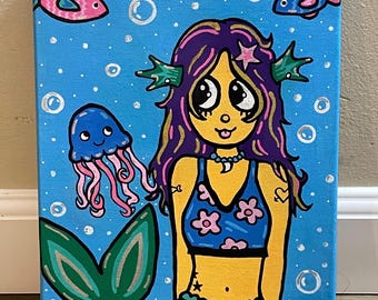 8 x 10 schattig kleurrijk schilderij zeemeermin en zeedieren