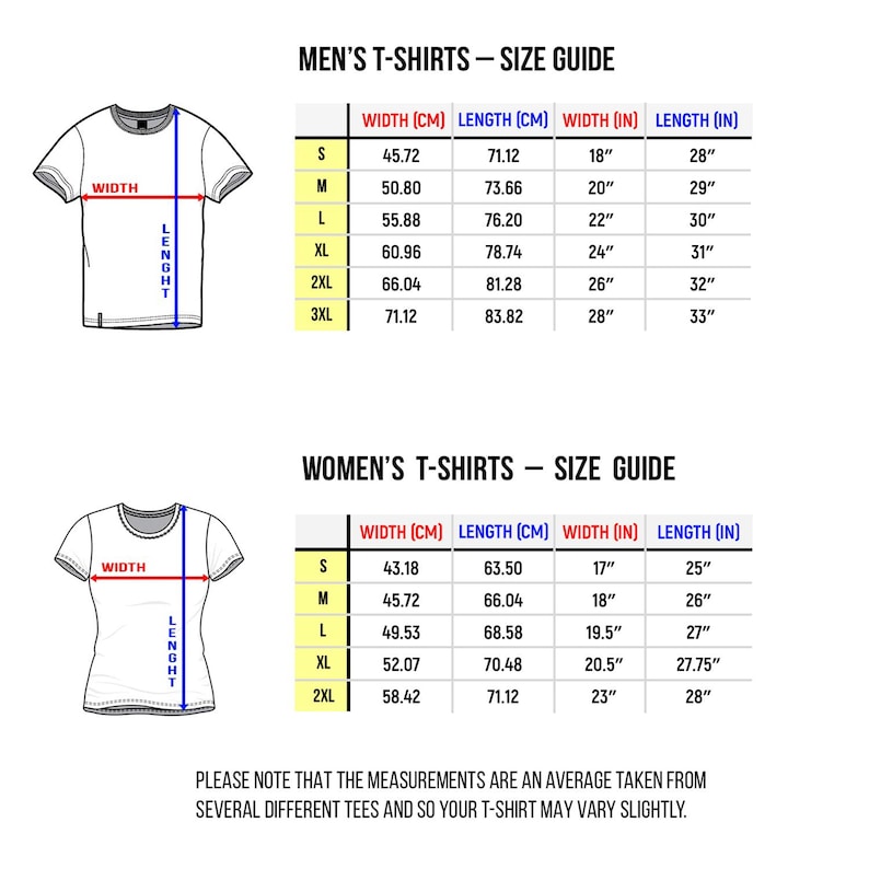 Puede incluir: Tabla de tallas para camisetas con medidas en pulgadas y cent&iacute;metros. La tabla muestra el ancho y la longitud de las camisetas en pulgadas y cent&iacute;metros para las tallas S, M, L, XL, 2XL y 3XL.