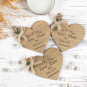 Wooden Heart Wedding Save the Date Magnets: Engraved Rustic Favors