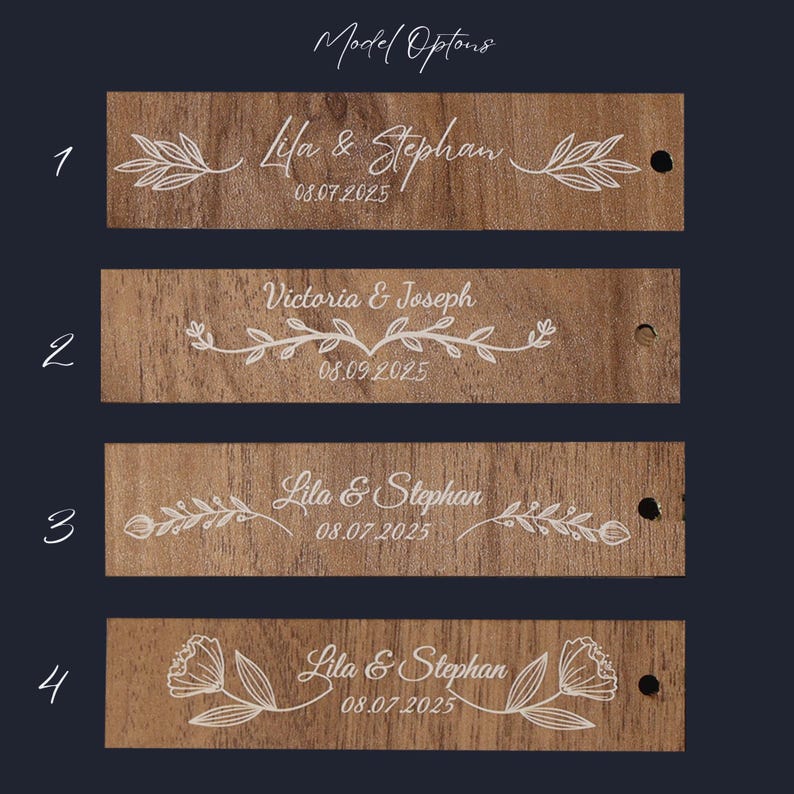 Puede incluir: Etiquetas rectangulares de madera con texto grabado en blanco y dise&ntilde;os florales. Las etiquetas muestran nombres y fechas, con opciones como "Lila & Stephan" y "Victoria & Joseph". El texto "Model Options" est&aacute; en la parte superior.