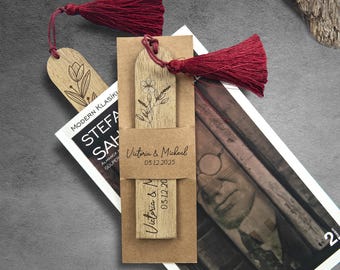Personalized Wooden Wedding Favors: Engraved Bookmarks with Tassels, wedding invatition