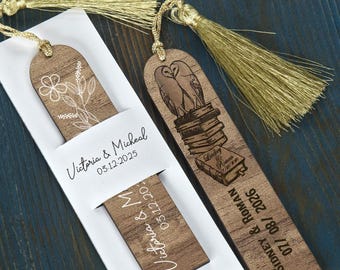 Conjunto de Marcadores de Livros de Madeira Personalizados para Casamentos - Enfeites para Convidados - Marcadores de Livros em Grande Quantidade - Marcadores de Livros de Madeira Personalizados com Borlas para Casamentos