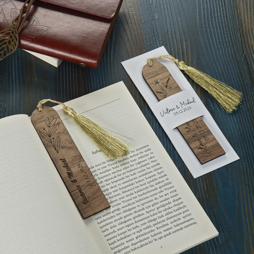 Custom Wooden Bookmark Wedding Favors: Engraved Tassel, Rustic ...
