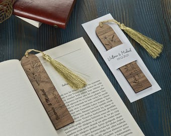 Custom Wooden Bookmark Wedding Favors: Engraved Tassel, Rustic Booklover Gift