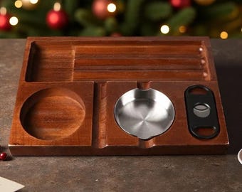 Personalized Wood Whiskey & Cigar Tray with Ashtray