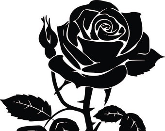 May include: A high-contrast black and white graphic illustration of a single rose. The design features a fully bloomed rose head, a smaller rosebud, a stem with visible thorns, and several serrated leaves, all rendered in solid black ink.