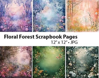 May include: A collection of eight digital scrapbook pages featuring floral forest scenes with trees, flowers, and butterflies in various color palettes. The text reads Floral Forest Scrapbook Pages 12" x 12" JPG. Each page displays a unique woodland landscape.