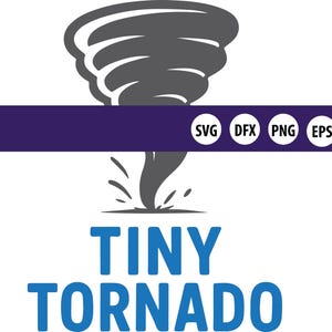 Può includere: Un grafico di tornado grigio con il testo "TINY TORNADO" in blu sotto. Il grafico è su uno sfondo bianco con uno striscione viola sopra che dice "SVG DFX PNG EPS".