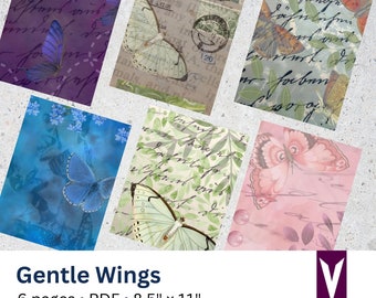 May include: A set of six printable pages featuring vintage-style butterfly illustrations. Each page has a different background pattern, including handwritten text, floral designs, and a light blue watercolor wash. The pages are 8.5 inches by 11 inches and are perfect for crafting projects.
