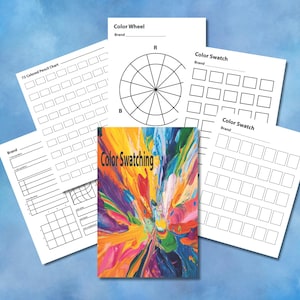 May include: A set of printable colour swatching charts for artists. The charts include a colour wheel, a 72 coloured pencil chart, and multiple colour swatch pages. The charts are blank and ready to be filled in with colour.