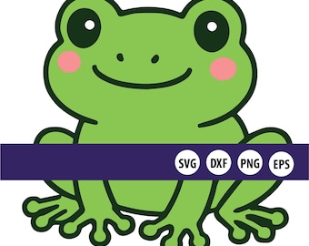 May include: A cartoon illustration of a green frog with large eyes, pink cheeks, and a smiling mouth. The frog is sitting with its legs spread. A purple banner with the text "SVG DXF PNG EPS" is across the bottom.