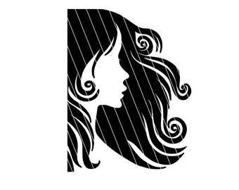 May include: Black and white silhouette of a woman with long, flowing hair. The hair is styled in a series of curls and waves.