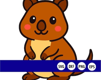 May include: A cartoon illustration of a quokka in brown and tan colors, with rosy cheeks and a smiling expression. The image includes a blue banner with the text "SVG DXF PNG EPS" in white circles.