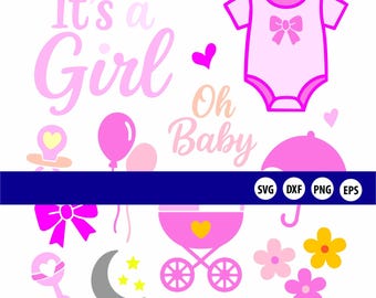 May include: A collection of pink baby-themed graphics, including a onesie, a stroller, a rattle, a pacifier, a balloon, a bow, flowers, a crescent moon with stars, and the phrases "It's a Girl" and "Oh Baby".
