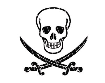 May include: A black and white illustration of a skull and crossbones. The skull is smiling and has a detailed design. The crossbones are made of two swords that are crossed in the middle.