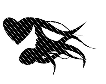May include: Black and white silhouette of a woman with long hair styled in a heart shape. The silhouette is made up of thin, parallel lines.