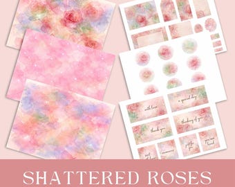 May include: A collection of digital scrapbook paper and ephemera with a watercolor rose theme. The set includes patterned papers, tags, labels, and stickers. The color palette features soft pinks, greens, and purples. The text "SHATTERED ROSES" is displayed at the bottom.