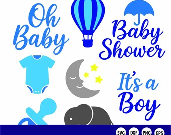 May include: A collection of blue baby-themed graphics, including the phrases "Oh Baby," "Baby Shower," and "It's a Boy." The image also features a hot air balloon, an umbrella, a onesie, a pacifier, a crescent moon with stars, and an elephant.