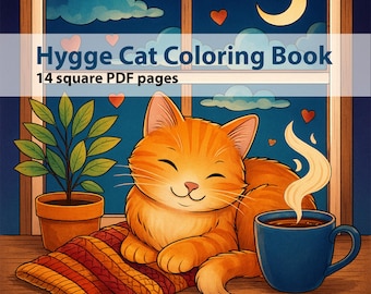 Hygge Cat Coloring Book - 14 PDF square pages