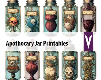 May include: Ten printable apothecary jar designs featuring various botanical and skeletal illustrations. The jars are all clear glass with gold lids and labels. The illustrations include skulls, flowers, and other natural elements.