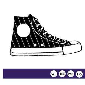 May include: Black and white silhouette of a high-top sneaker with a circular design on the side.
