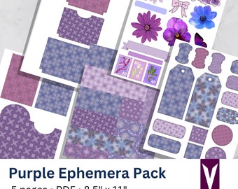 May include: A collection of purple ephemera, including patterned papers, tags, and floral stickers. The set includes various shades of purple and blue, with floral and geometric designs. The text "Purple Ephemera Pack" is displayed, along with the dimensions 8.5" x 11".