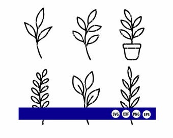 May include: Black line art illustrations of various plant leaves and a potted plant on a white background. A dark blue banner at the bottom displays the file type abbreviations: SVG, DXF, PNG, and EPS.