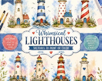 Whimsical Lighthouse Sketches to Paint or Color – Printable PDF Set