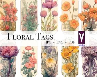 May include: Set of ten printable floral tags with a vintage aesthetic. Each tag features a different floral design with delicate watercolor illustrations of flowers and foliage. The tags are perfect for adding a touch of vintage charm to your crafts, gifts, and packaging.