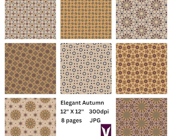 May include: A set of eight digital paper patterns featuring geometric designs in shades of brown, beige, and blue. The patterns are 12 inches by 12 inches and 300 dpi. The text "Elegant Autumn" is included in the image.