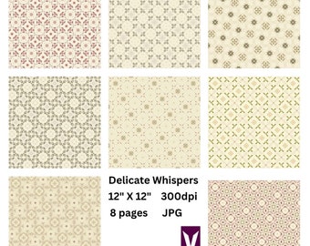 May include: Set of eight 12-inch by 12-inch digital paper patterns featuring delicate floral and geometric designs in shades of beige, brown, green, and pink. The patterns are seamless and can be used for a variety of crafting projects.