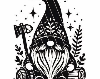 May include: Black and white silhouette of a gnome with a beard and a pointed hat. The gnome is holding an axe and sitting on a log. There are stars and leaves in the background.