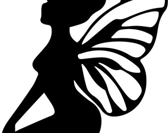 May include: Black silhouette of a fairy with wings spread out behind her. She is kneeling with her head tilted to the side.