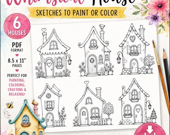 Whimsical House Sketches to Paint or Color | Printable PDF | 6 Cottage Coloring Pages | Craft Printable | Instant Download