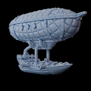 May include: A light blue model of a steampunk airship, featuring a quilted, oval-shaped body and multiple circular windows. The lower section showcases intricate mechanical details, including pipes, gears, and a boat-like structure. The design is highly detailed.