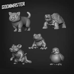 May include: A collection of gray 3D-printed figurines of various animals, including a cat, turtle, frog, rat, and bird. The word "GOONMASTER" is printed in white, angled across the top left corner.